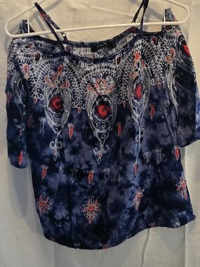 Cold-Shoulder Navy Tie-Dye Floral Print Top - Blue & Red